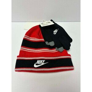 Nike Kids Boys Red Multi Stripe Beanie Hat and Gloves Set - (9A3047-U10) - NWT